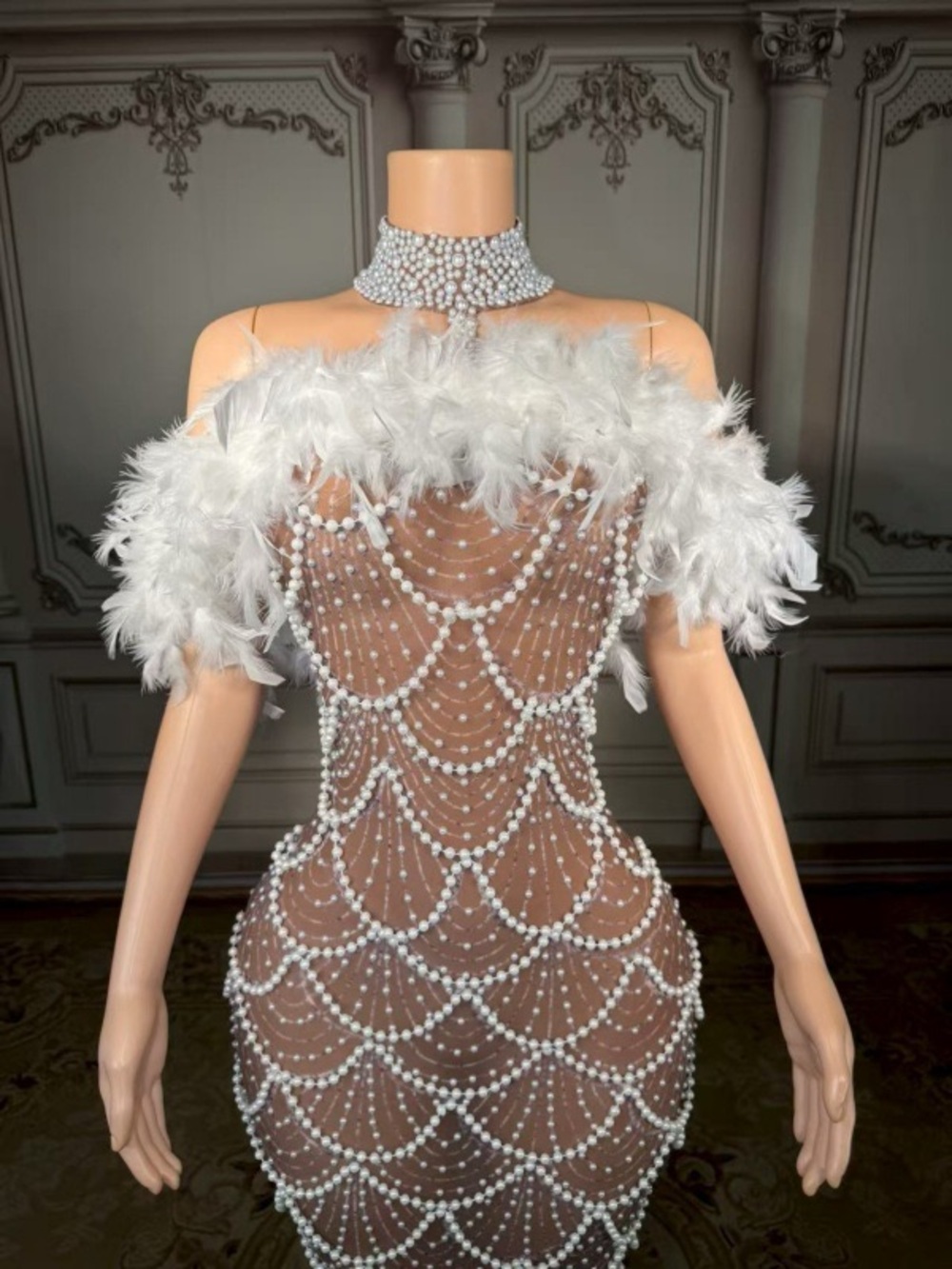 Nude Illusion Pearl & White Feather Off-the-Shoulder Gown